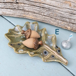 May include: A ceramic leaf-shaped dish in mottled green with two tan acorn-shaped objects featuring textured brown caps resting on top. The letter E is printed in blue near the dish, and a silver foil-wrapped chocolate candy sits nearby.