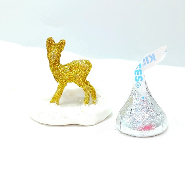 Elegant Mini Gold Deer Collectable Nature Ornament, Ceramic Miniature Village Scene, Formal Winter Shelf Sitter, USA Artisan Handmade Gift