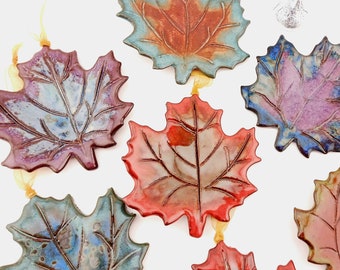 Ceramic Maple Leaf Ornament, 3&quot; Pottery Holiday Decor, Nature Christmas Decoration, Autumn Fall, Secret Santa Gift Exchange, USA Handmade