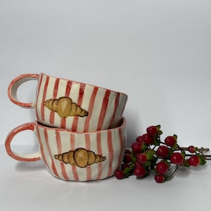 Handmade Pink Striped Ceramic Mug with Croissant – Cute Pastel Coffee Cup – Artisan Pottery Gift