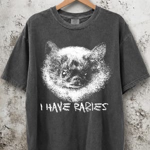 Könnte beinhalten: Dunkelgraues T-Shirt mit Used-Look, mit einer weißen Grafik eines Hundegesichts und dem Text "I HAVE RABIES" in einer verblassten Schrift. Das Shirt hängt an einem Holzbügel vor einer strukturierten Wand.