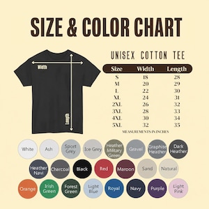 Puede incluir: Una tabla de tallas y colores para una camiseta de algod&oacute;n unisex. El gr&aacute;fico muestra una camiseta negra con flechas de ancho y largo, una tabla con tallas de la S a la 5XL en pulgadas y veinticuatro c&iacute;rculos de colores.