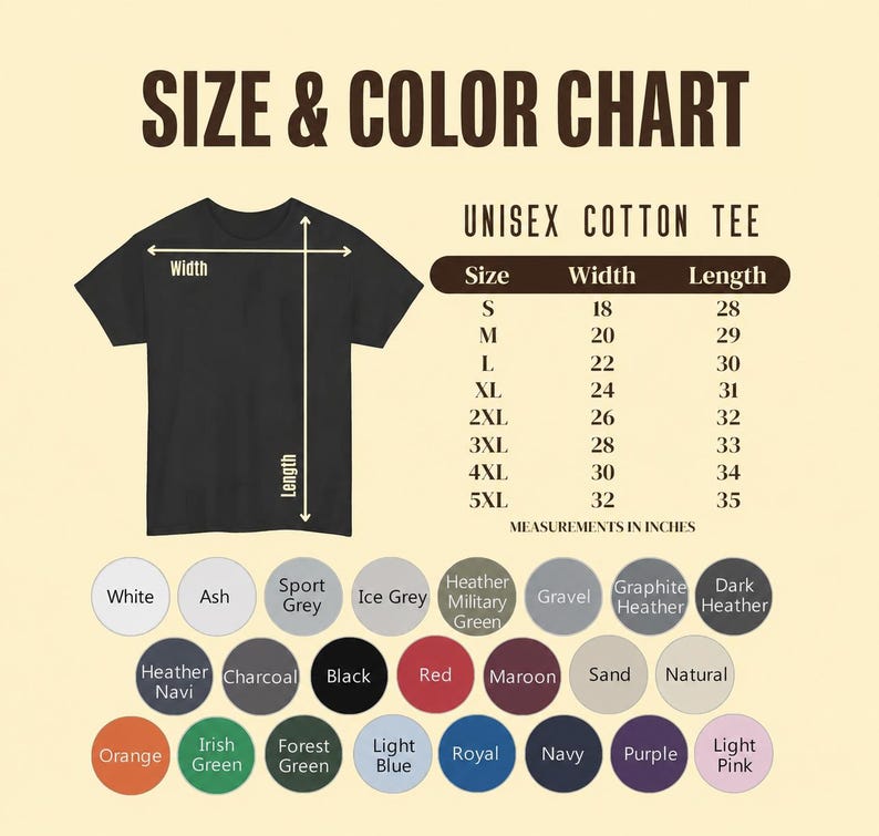 Puede incluir: Una tabla de tallas y colores para una camiseta de algod&oacute;n unisex. El gr&aacute;fico muestra una camiseta negra con flechas de ancho y largo, una tabla con tallas de la S a la 5XL en pulgadas y veinticuatro c&iacute;rculos de colores.