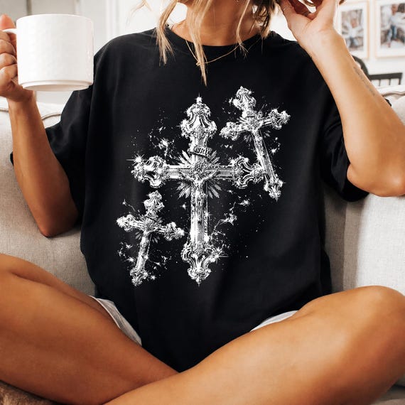 Vintage Gothic Cross Shirt, Christian Faith Graphic Tee, Religious Gift Apparel, Grunge Y2K Christian Gift for Men, Fathers Day Shirt