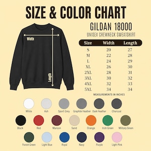 Puede incluir: Una tabla de tallas y colores para la sudadera Gildan 18000. La imagen muestra una sudadera negra con flechas de medici&oacute;n, una tabla con tallas de la S a la 5XL con medidas en pulgadas y veinte muestras de colores en la parte inferior.