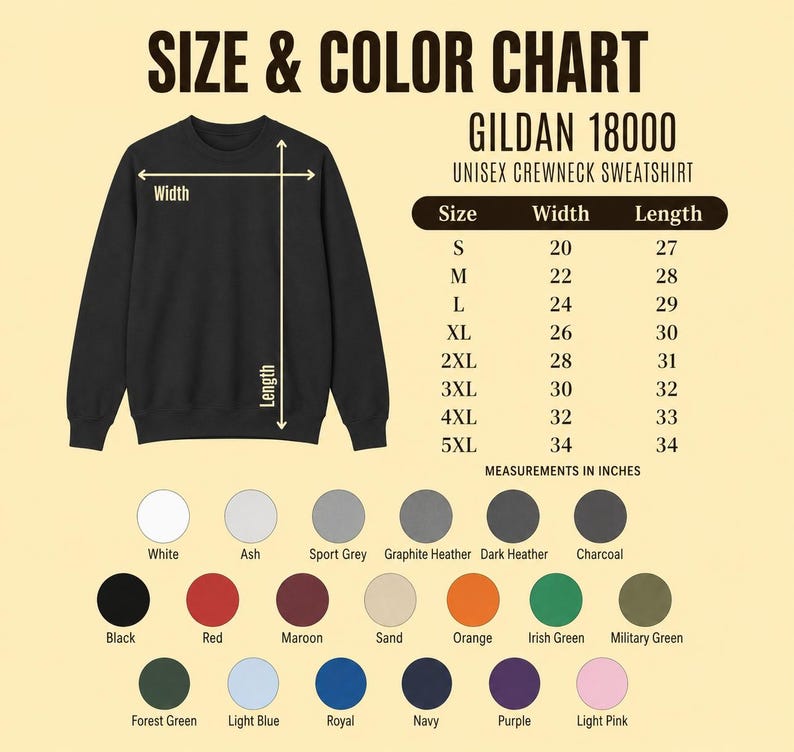 Puede incluir: Una tabla de tallas y colores para la sudadera Gildan 18000. La imagen muestra una sudadera negra con flechas de medici&oacute;n, una tabla con tallas de la S a la 5XL con medidas en pulgadas y veinte muestras de colores en la parte inferior.
