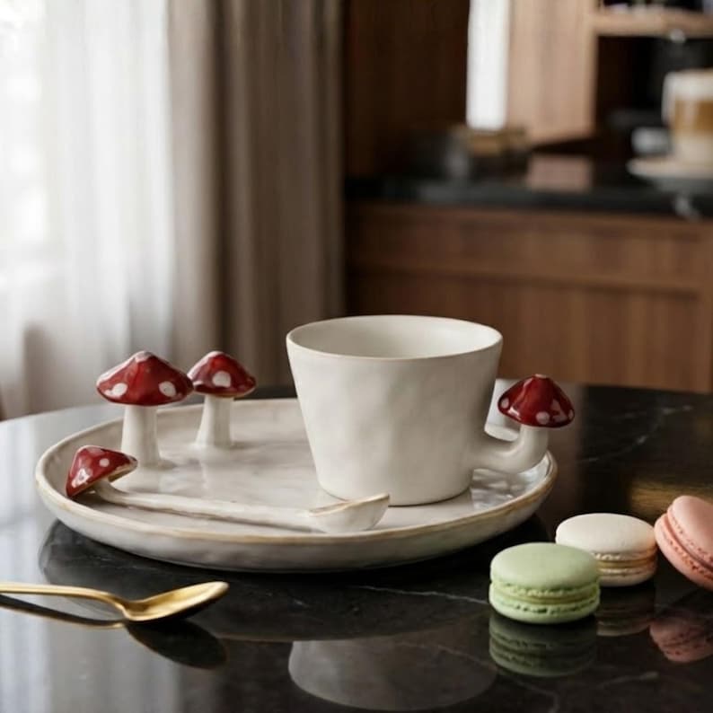 Nyckfullt set med mugg och tallrikar i keramik från Whimsical Mushroom: Handgjord Cottagecore-keramik bild 16