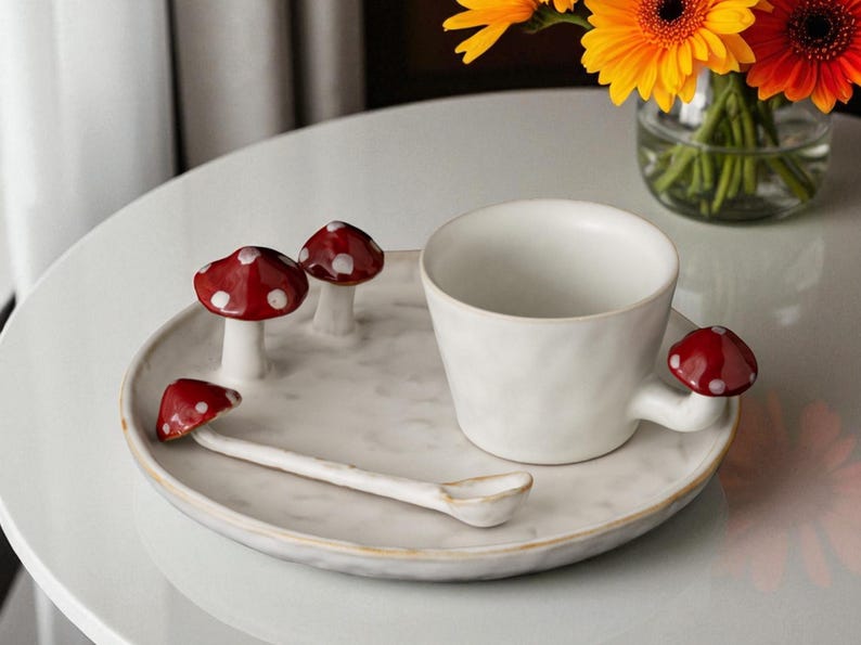 Nyckfullt set med mugg och tallrikar i keramik från Whimsical Mushroom: Handgjord Cottagecore-keramik bild 14