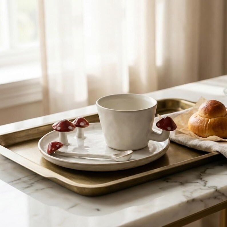 Nyckfullt set med mugg och tallrikar i keramik från Whimsical Mushroom: Handgjord Cottagecore-keramik bild 11