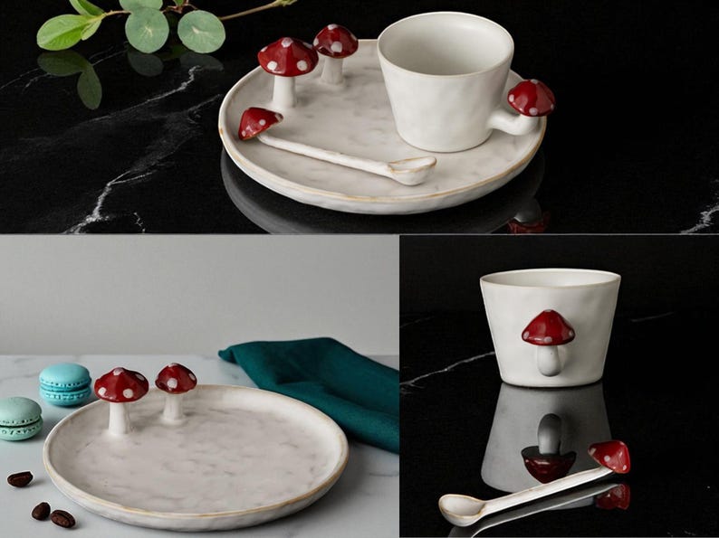 Nyckfullt set med mugg och tallrikar i keramik från Whimsical Mushroom: Handgjord Cottagecore-keramik bild 9