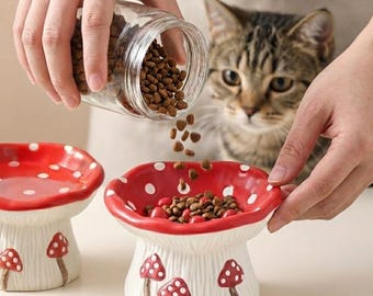 Upphöjd keramisk kattskål | Långsam matningsskål för husdjur, svampdesign