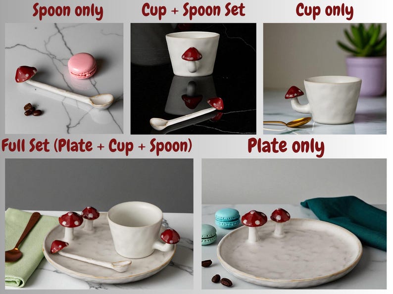 Nyckfullt set med mugg och tallrikar i keramik från Whimsical Mushroom: Handgjord Cottagecore-keramik bild 13