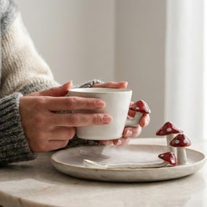 Nyckfullt set med mugg och tallrikar i keramik från Whimsical Mushroom: Handgjord Cottagecore-keramik bild 5