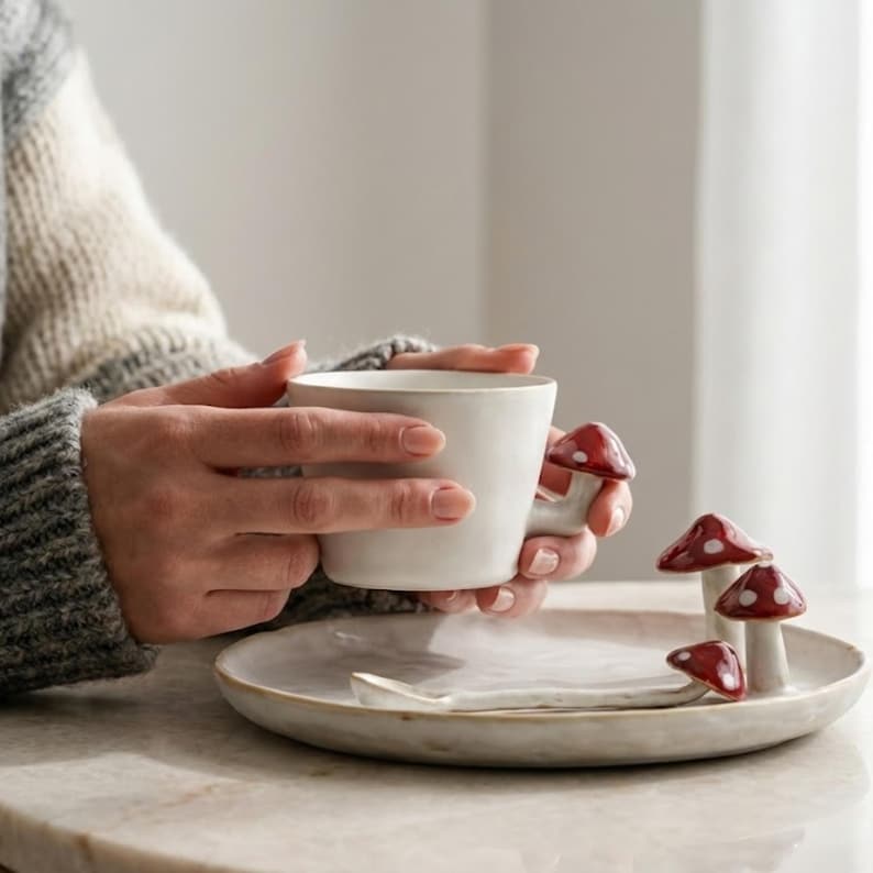 Nyckfullt set med mugg och tallrikar i keramik från Whimsical Mushroom: Handgjord Cottagecore-keramik bild 5