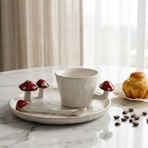 Nyckfullt set med mugg och tallrikar i keramik från Whimsical Mushroom: Handgjord Cottagecore-keramik bild 4