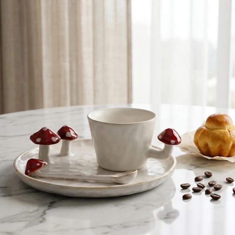 Nyckfullt set med mugg och tallrikar i keramik från Whimsical Mushroom: Handgjord Cottagecore-keramik bild 4