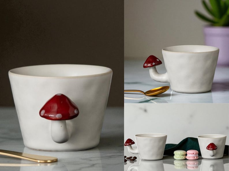 Nyckfullt set med mugg och tallrikar i keramik från Whimsical Mushroom: Handgjord Cottagecore-keramik bild 6