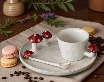 Whimsical Mushroom Ceramic Mug and Plate Set: Handmade Cottagecore Pottery