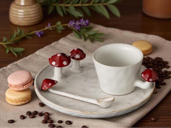 Whimsical Mushroom Ceramic Mug and Plate Set: Handmade Cottagecore Pottery