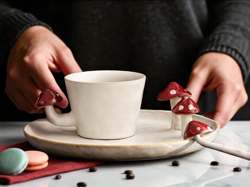 Nyckfullt set med mugg och tallrikar i keramik från Whimsical Mushroom: Handgjord Cottagecore-keramik bild 12