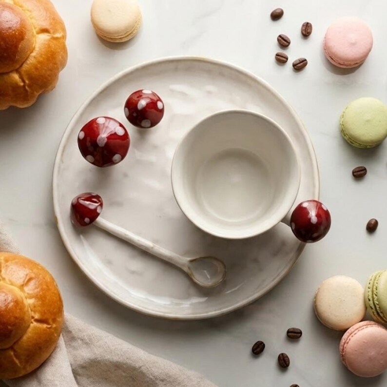 Nyckfullt set med mugg och tallrikar i keramik från Whimsical Mushroom: Handgjord Cottagecore-keramik bild 10