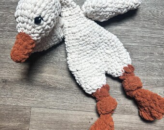 Soft Goose Lovey Lovie, Crochet Stuffed Animal with Safety Eyes, Handmade Duck Snuggler