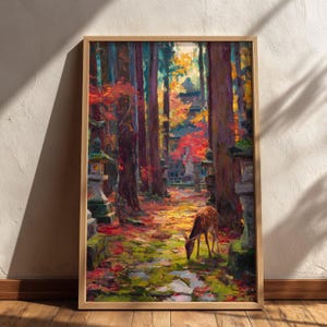 Japanese Deer Wall Art - Autumn Forest, Red Maple Leaves