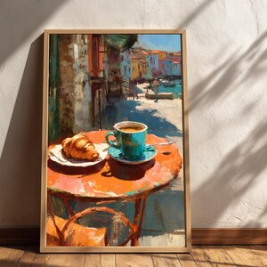 Mediterranean Wall Art Print, Italian Cafe Coffee, Espresso and Croissant, Kitchen Decor, Digital Download