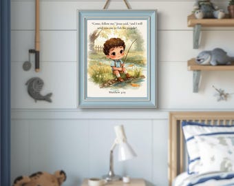 Boy Fishing Art Print | Matthew 4:19 Bible Verse, Watercolor Nursery Decor (Digital Download)