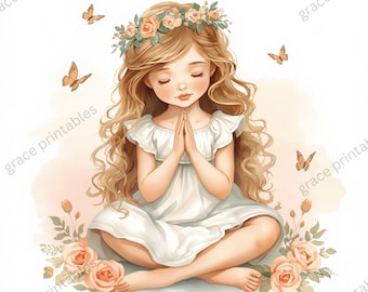 Watercolor Praying Girl Print | Floral Crown, Butterflies (Digital Download)