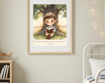 Christian Boy Reading Bible Art Print | Psalm 1:3 Scripture | Nursery Decor (Digital Download)