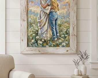 Jesus Consoles | Jesus Hugs Blonde Woman in Daisy Field Print | Impressionist Christian Art (Digital Download)