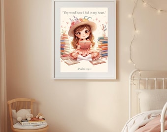 Christian Girl Reading Print | Psalm 119:11 Watercolor Art (Digital Download)