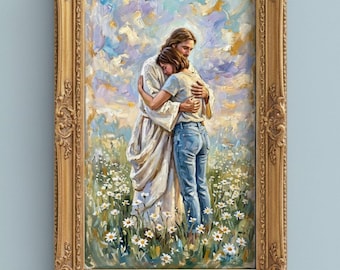 He Meets You Right Where You Are | Jesus Hugs Brunette Woman in Daisy Field Print | Impressionist Christian Art (Digital Download)