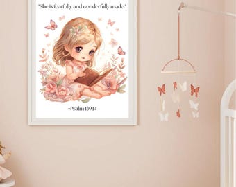 Christian Nursery Art | Watercolor Girl Reading Bible, Psalm 139:14 (Digital Download)