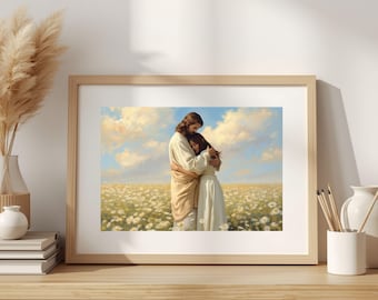Safe in His Arms Jesus Embrace Wall Art Print Christian Printable Decor Daisy Field Religious Poster Faith Digital Download