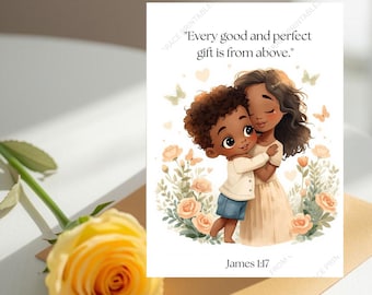 African American Mother Son Hugging Card | Christian Faith James 1:17 (5x7 Digital Download)