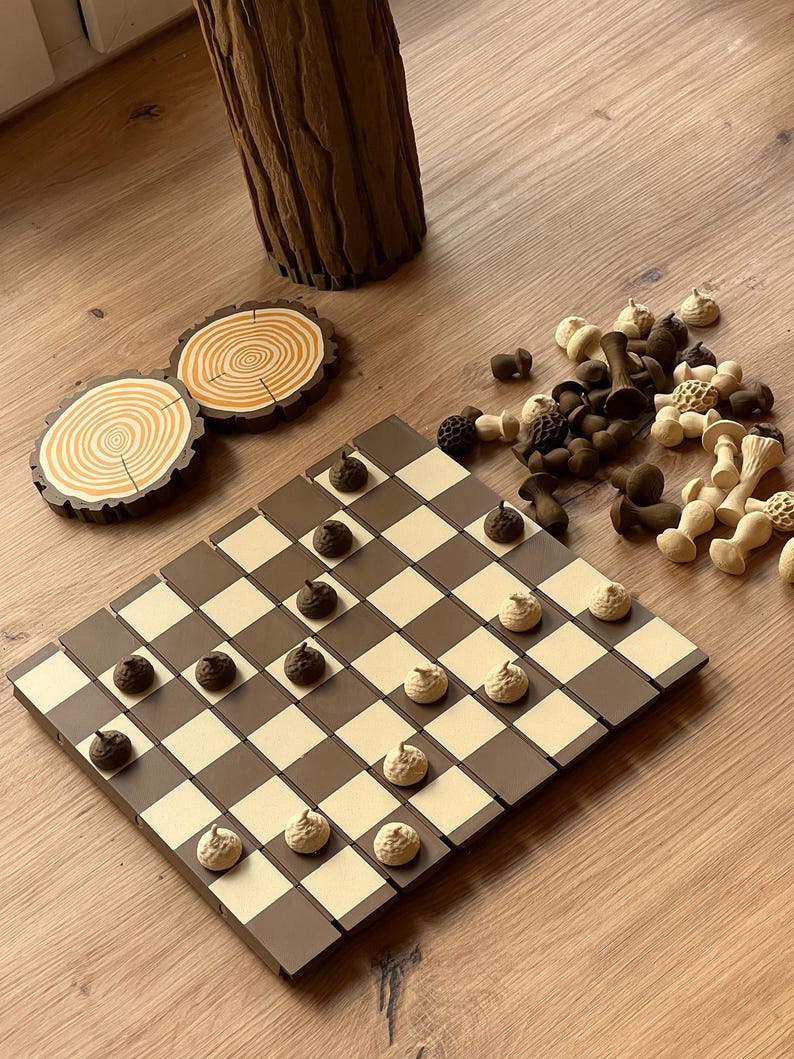 3D Printed Forest Chess Set | Board Chess Checkers Game Gift | Mushroom Woodland Decor image 4