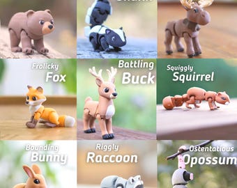 Gelenk Flexi Forest Kollektion | 3D gedrucktes Reh, Fuchs, Bär, Hase, Elch & mehr | Schlüsselanhänger Option