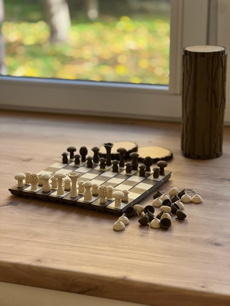 3D Printed Forest Chess Set | Board Chess Checkers Game Gift | Mushroom Woodland Decor image 9