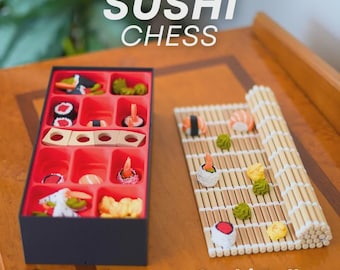 Sushi Chess • 3D Printed Sushi Themed Chess Set | Bento Box Board & Pieces | Food Game Gift
