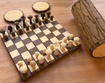 3D Printed Forest Chess Set | Board Chess Checkers Game Gift | Mushroom Woodland Decor