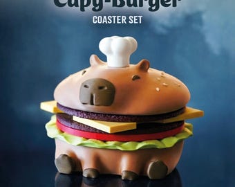 Capybara Burger Untersetzer Set | 3D gedruckte lustige Tier-Untersetzer | Capy-Burger Themed Getränkeschutz | Umweltfreundliche Tischdekoration