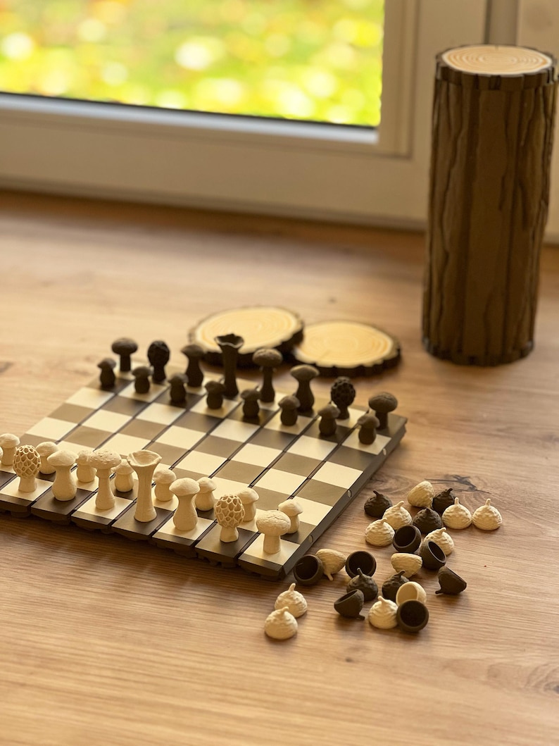 3D Printed Forest Chess Set | Board Chess Checkers Game Gift | Mushroom Woodland Decor Full Set