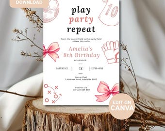 Invito di compleanno a tema calcio rosa: festa per ragazze, modello Canva (download digitale)