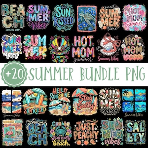 May include: A collection of colorful summer-themed PNG designs. The designs include phrases like "Beach", "Summer Vibes", "Sun Kissed", and "Hot Mom", along with beach and ocean graphics. The bundle includes over 20 designs.