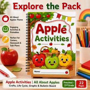 May include: A spiral-bound activity book titled Apple Activities with a cover illustration of three smiling cartoon apples in a basket. The cover features red, green, and yellow apples, autumn leaves, and a name line. The text reads Explore the Pack.