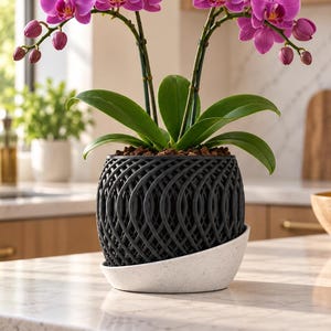 Orchid Planter with Drip Tray, Open Air Pot for Epiphytic Plants, Modern 3D Printed Indoor Decor