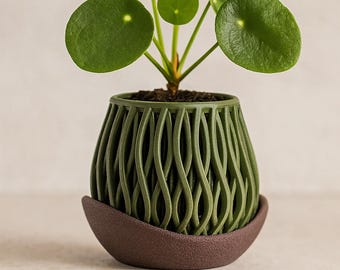 Elvao Planter With Screw-In Petal Drip Plate, Modern Plant Pot, Root Vent Bowl, Windowsill Display, Shelf Decor Gift