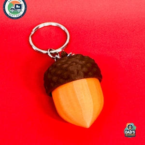May include: An acorn-shaped keychain with a brown cap and an orange body. The keychain has a silver ring for attaching keys. The background is a solid red color. The image also includes a logo that says "DAD'S 3D STUDIO".